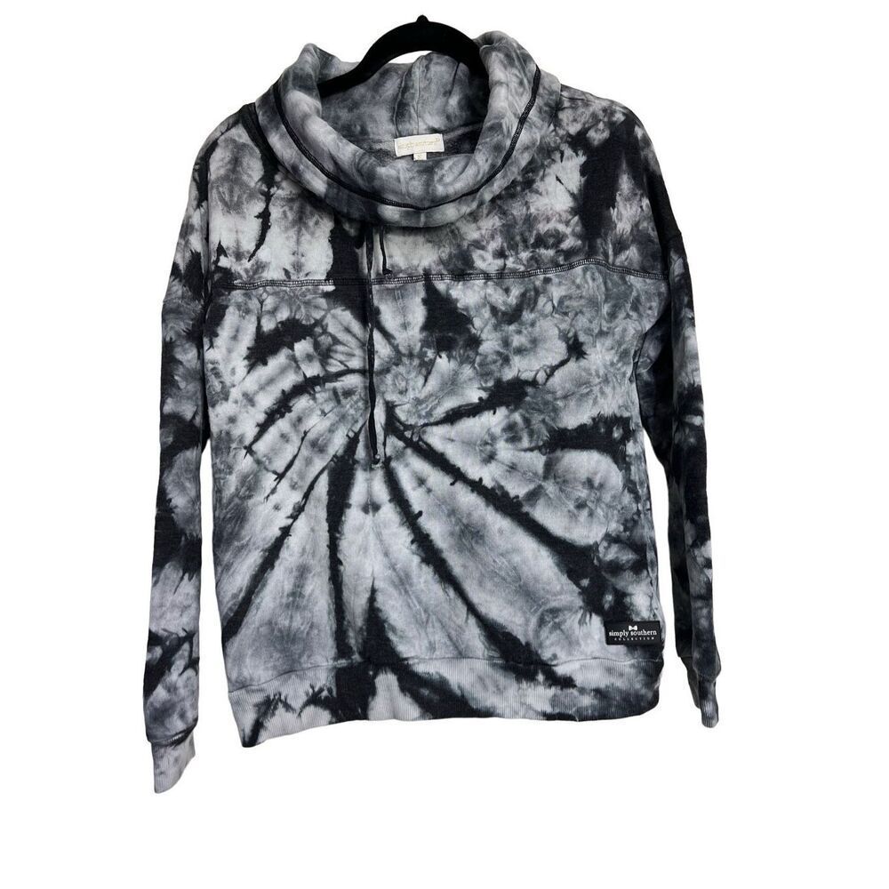 Simply Southern Long Sleeve Womens SZ S Black Gray Tie Dye Cowl Neck Hooded Top
